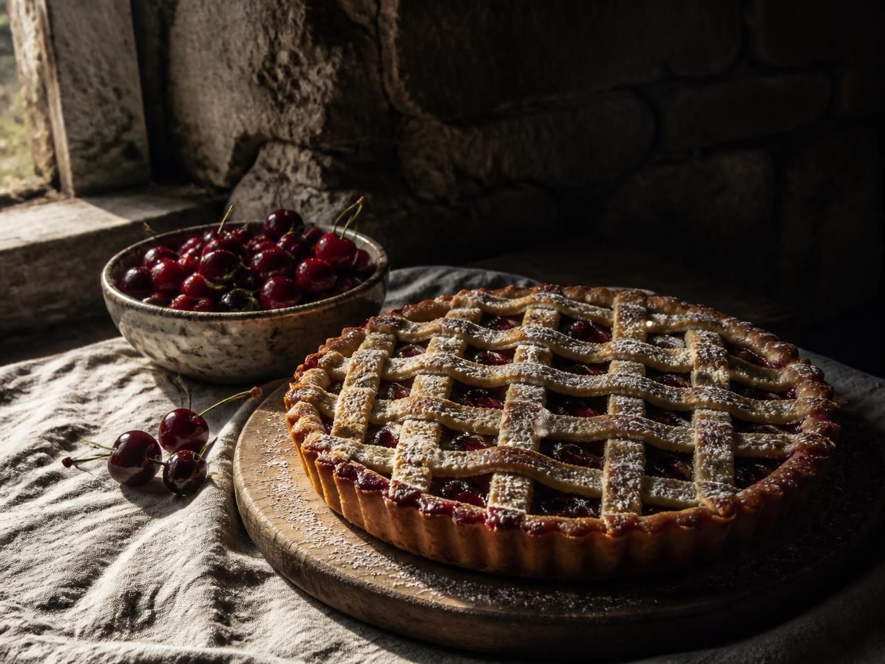 Lunga crostata di ciliegie su un tavolo durante la festa di paese