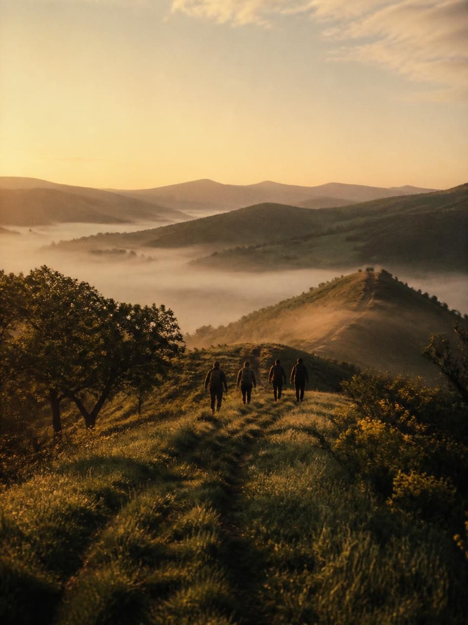 Gruppo di persone di spalle su un sentiero di campagna al tramonto