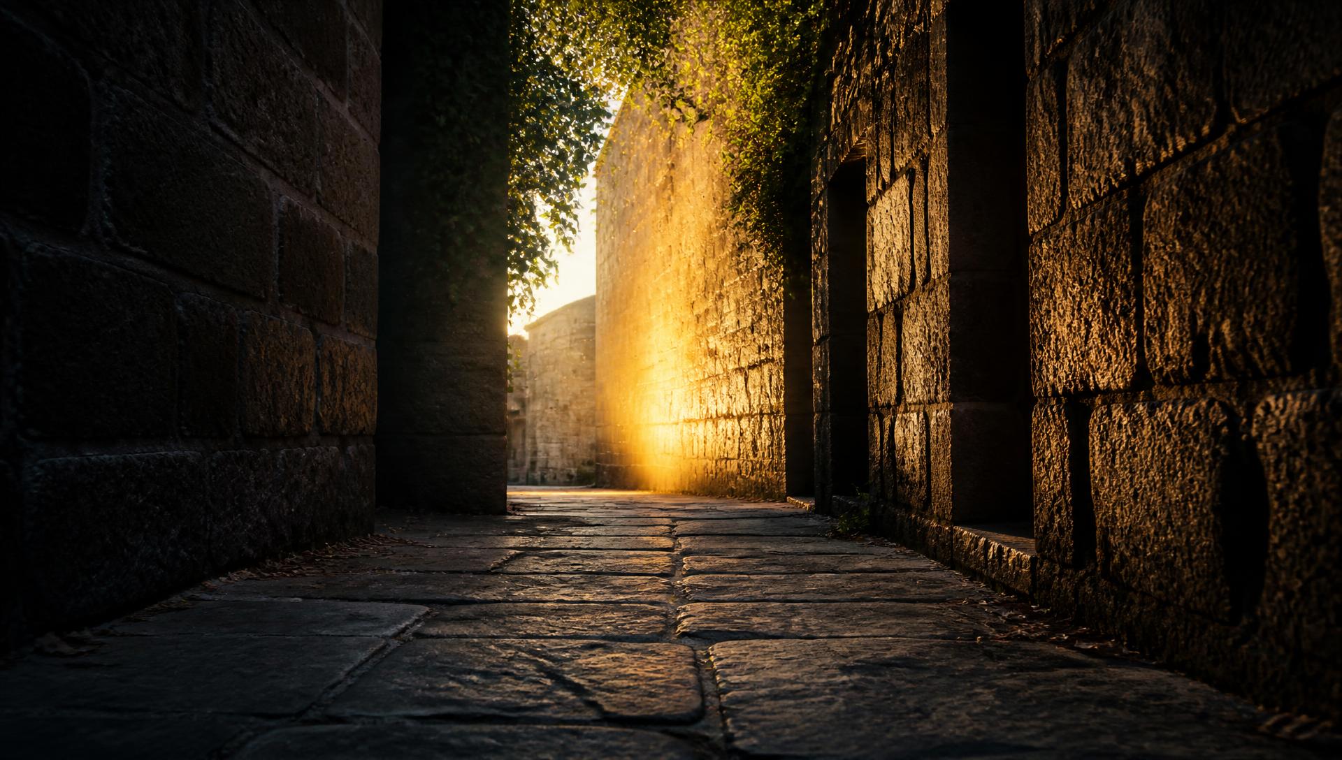 Vicolo stretto del borgo antico di Celleno tra muri di tufo color miele ed edera, con il selciato di lastroni che porta verso una lama di luce dorata in fondo