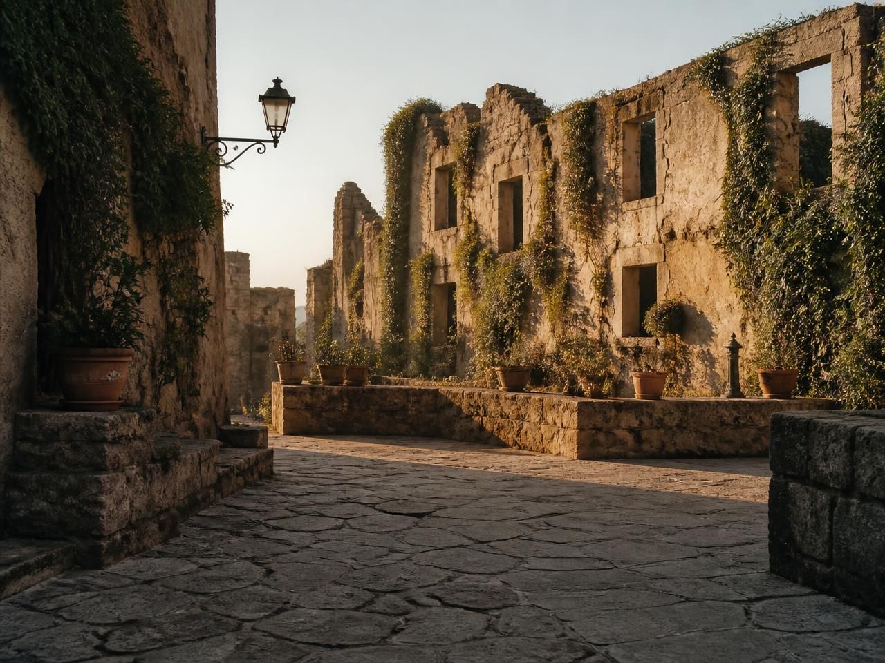 Piazza deserta del borgo antico di Celleno con ombre lunghe