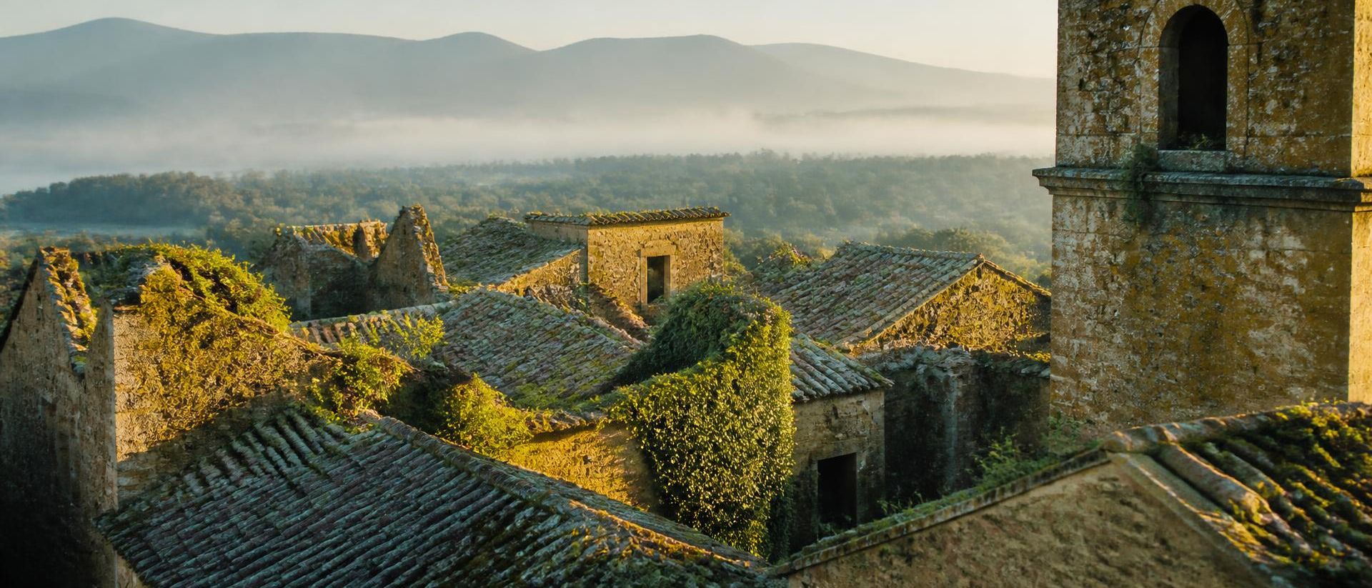 Tetti in coppi del borgo antico di Celleno visti dall'alto, con la valle sullo sfondo